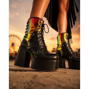 Ocho Toros Iridescent Platform Boots Size 10 Lace Up Chunky Heel Rave Goth